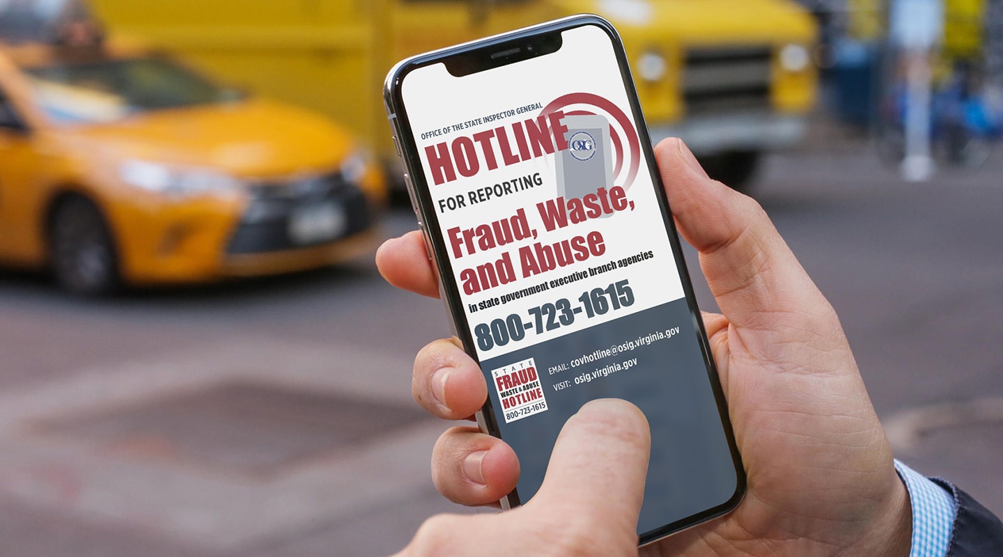 Poster ng Hotline ng Panloloko, Basura, at Pang-aabuso ng Estado sa isang iPhone